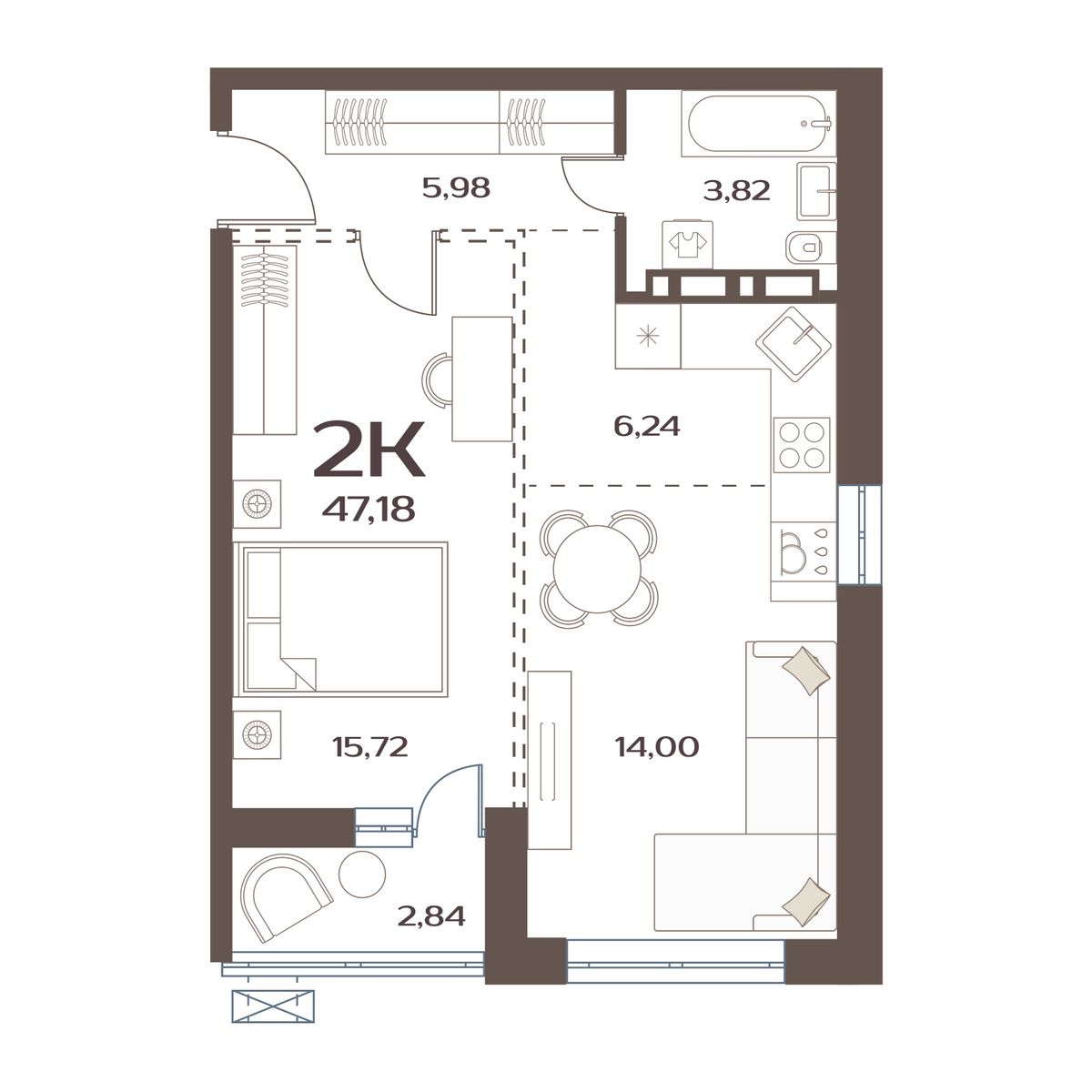 ЖК Меридианы Улисса, 2-комн кв 47,18 м2, за 7 421 000 ₽, 2 этаж